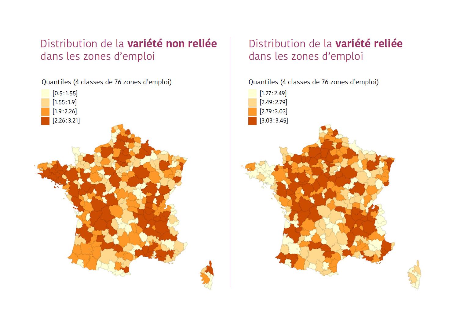 cartes de distribution des variétés reliée et non reliée dans les zones d'emploi